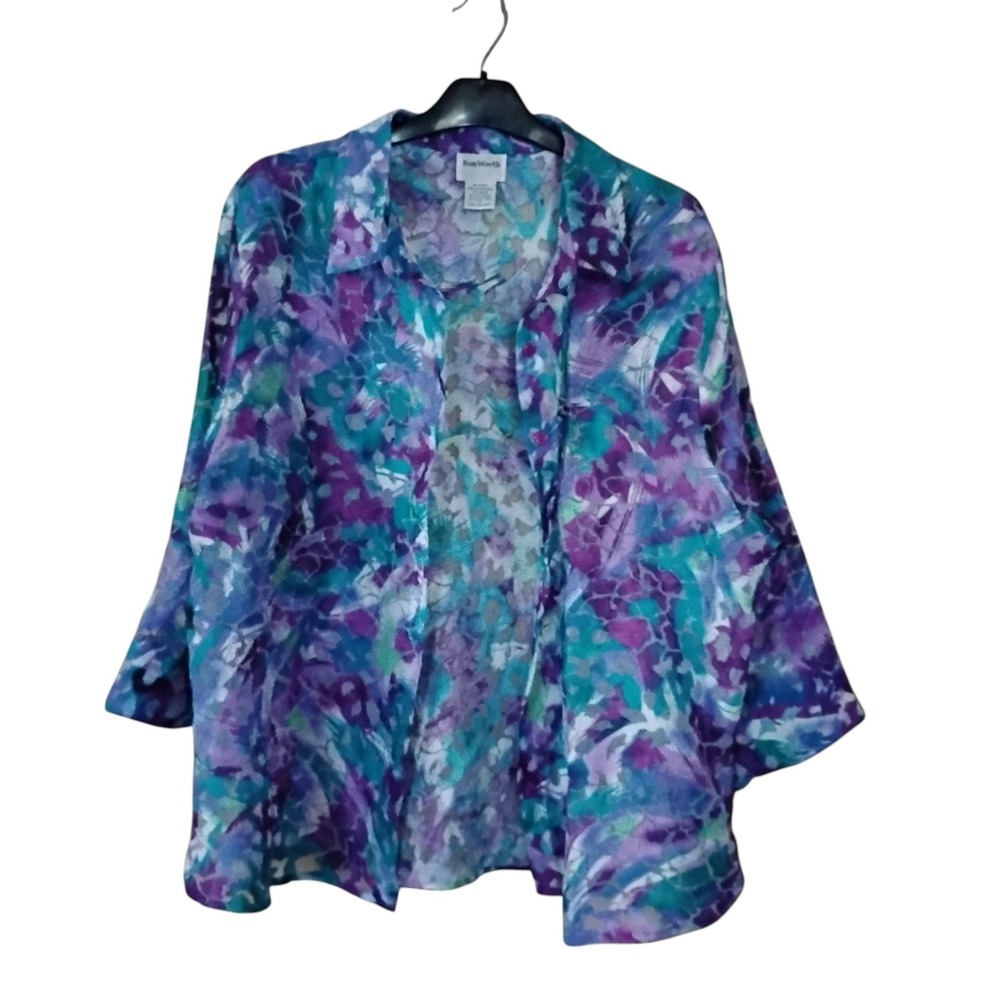 BonWorth Womens Purple Teal Abstract Watercolor Button Front Blouse LP 37933
